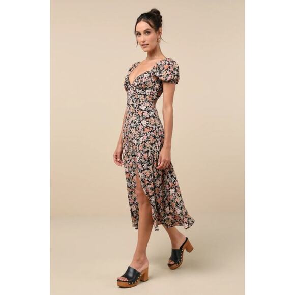 Lulus Women's Meadow Muse Floral Tie-Back Puff Sleeve Midi Dress Size XXL Multi - Picture 3 of 11